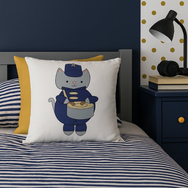 Cute Gray Cat Marching Band Drummer Music Throw Pillow (A throw pillow with a cat playing a snare drum while wearing  navy blue & gold marching band uniform)