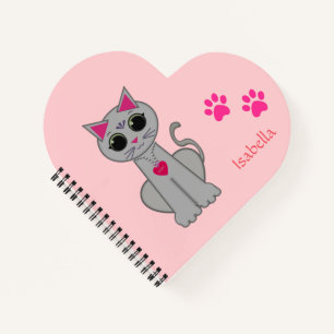 Cute Gray Cat & Name Calligraphy on Pink Notebook