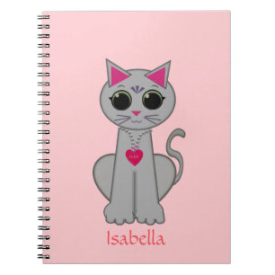 Cute Gray Cat & Name Calligraphy on Pink Notebook
