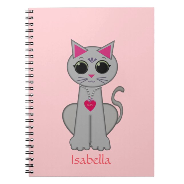 Cute Gray Cat & Name Calligraphy on Pink Notebook (Front)