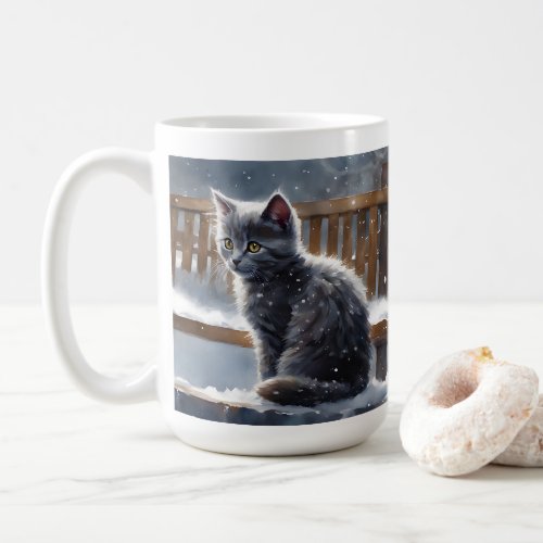Cute Gray Cat on a Bench in the Snow Coffee Mug