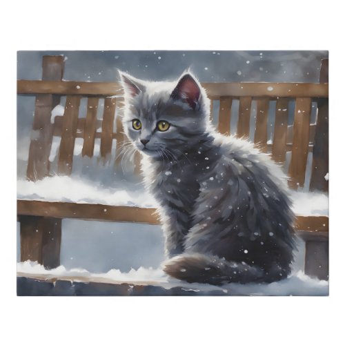 Cute Gray Cat on a Bench in the Snow Faux Canvas Print