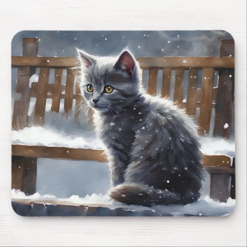 Cute Gray Cat on a Bench in the Snow  Mouse Pad