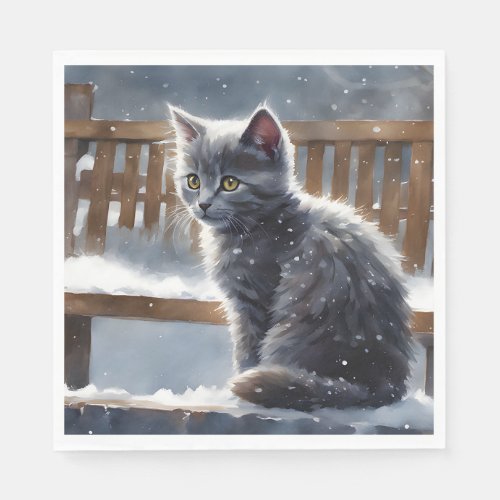 Cute Gray Cat on a Bench in the Snow Napkins