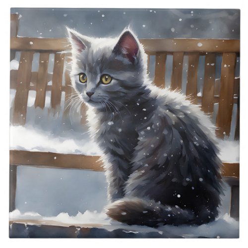 Cute Gray Cat on a Bench in the Snow Portrait Pose Ceramic Tile