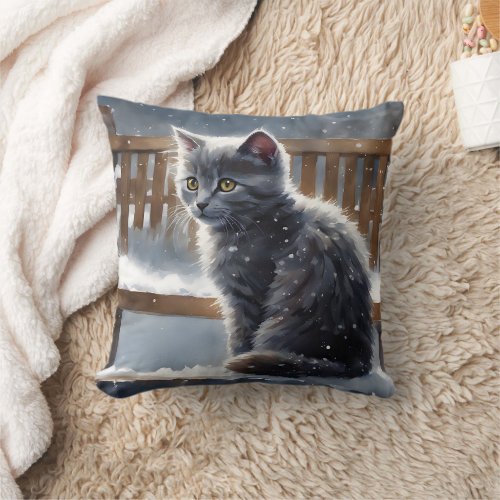 Cute Gray Cat on a Bench in the Snow  Throw Pillow