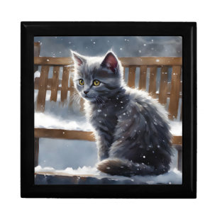 Cute Gray Cat on a Bench in the Snow Wooden Gift Box