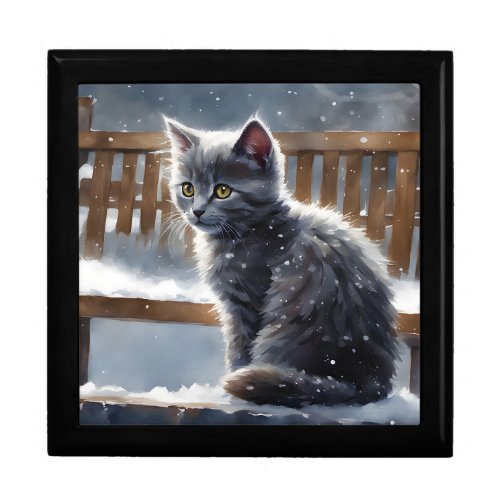 Cute Gray Cat on a Bench in the Snow Wooden Gift Box
