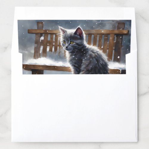 Cute Gray Cat on Bench in the Snow Envelope Liner