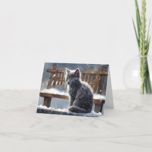 Cute Gray Cat on Bench Winter Snow Blank Greeting Card