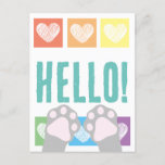 Cute Gray Cat Paws Up Rainbow Hearts Hello Postcard
