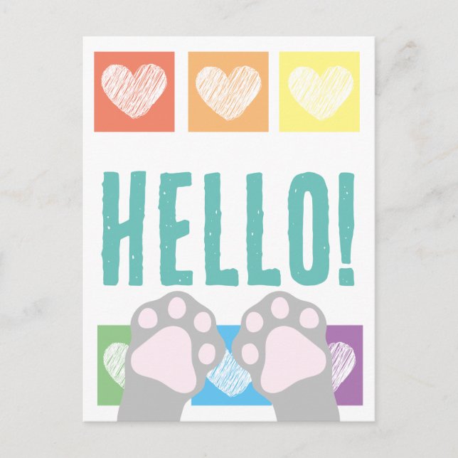 Cute Gray Cat Paws Up Rainbow Hearts Hello Postcard (Front)