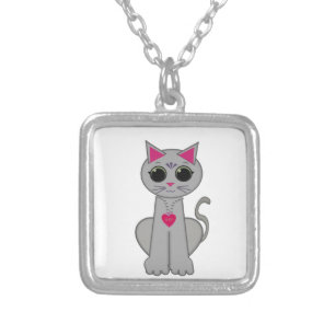 Cute Gray Cat Silver Plated Necklace