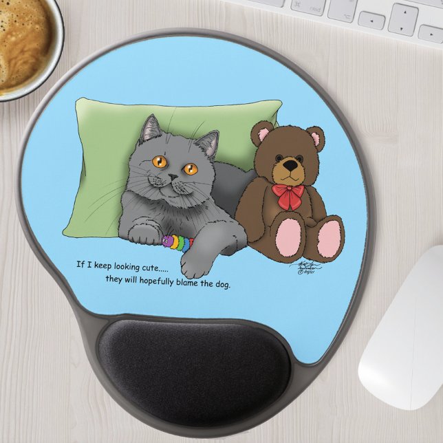 Cute Gray Cat Teddy Bear Funny Blue Gel Mouse Pad (Creator Uploaded)