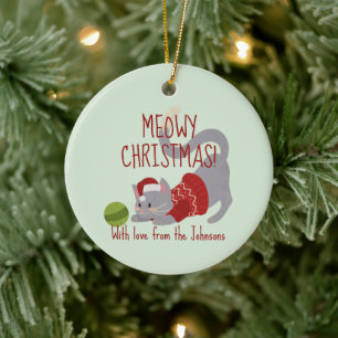 Cute Gray Cat with Christmas Hat Ceramic Ornament
