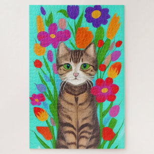 Cute Gray Cat with Colorful Flowers Jigsaw Puzzle