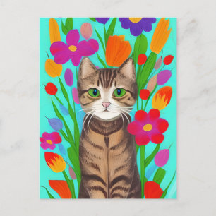 Cute Gray Cat with Colorful Flowers Postcard