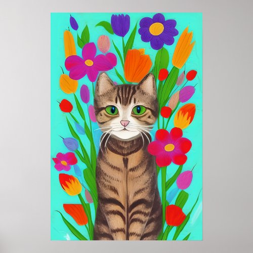 Cute Gray Cat with Colorful Flowers Poster