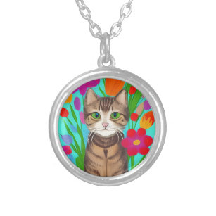 Cute Gray Cat with Colorful Flowers Silver Plated Necklace