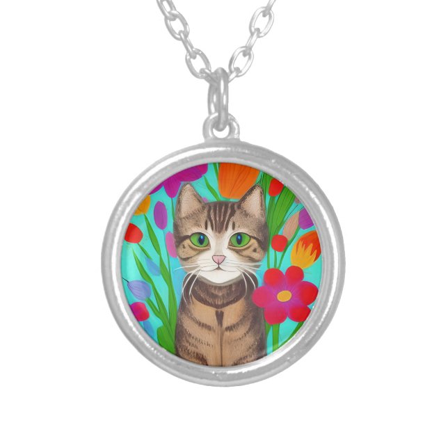 Cute Gray Cat with Colorful Flowers Silver Plated Necklace (Front)