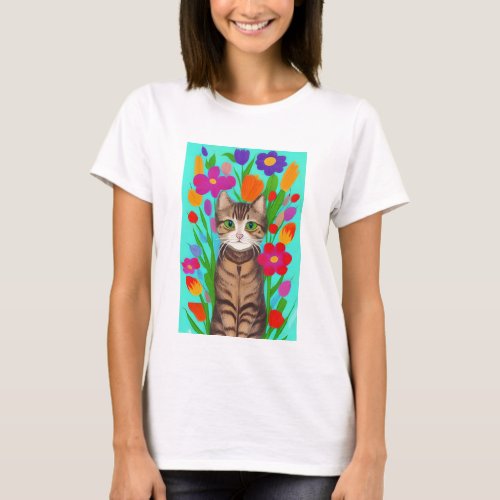 Cute Gray Cat with Colorful Flowers T_Shirt