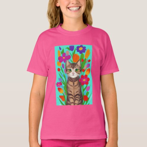 Cute Gray Cat with Colorful Flowers T_Shirt