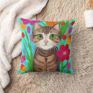 Cute Gray Cat with Colorful Flowers Throw Pillow