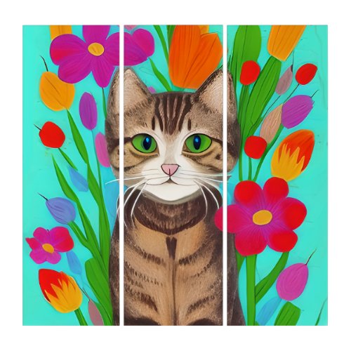 Cute Gray Cat with Colorful Flowers Triptych