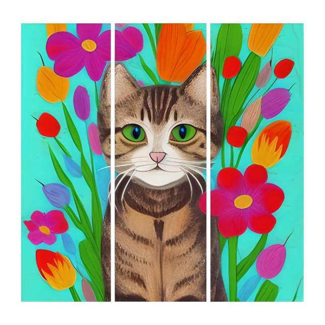 Cute Gray Cat with Colorful Flowers Triptych (Front)