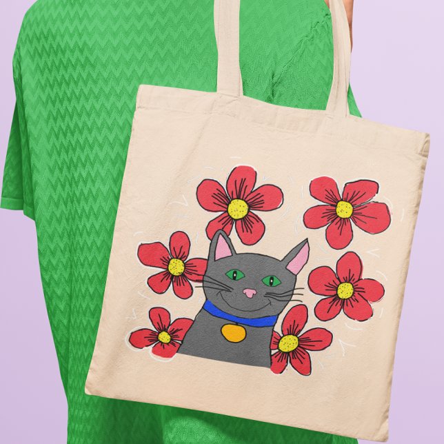 Cute Gray Cat with Red Flowers Illustration Tote Bag (Creator Uploaded)