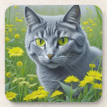 Cute Gray Cat with Yellow Eyes Ai Art Beverage Coaster