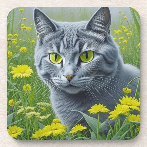 Cute Gray Cat with Yellow Eyes Ai Art Beverage Coaster