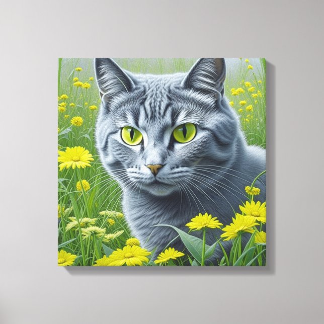 Cute Gray Cat with Yellow Eyes Ai Art Canvas Print (Front)
