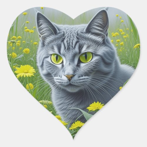 Cute Gray Cat with Yellow Eyes Ai Art Heart Sticker