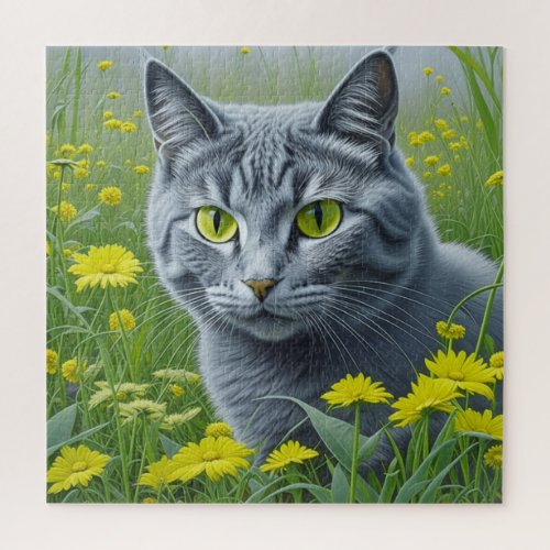 Cute Gray Cat with Yellow Eyes Ai Art Jigsaw Puzzle