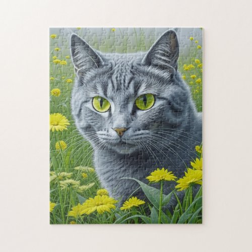Cute Gray Cat with Yellow Eyes Ai Art Jigsaw Puzzle