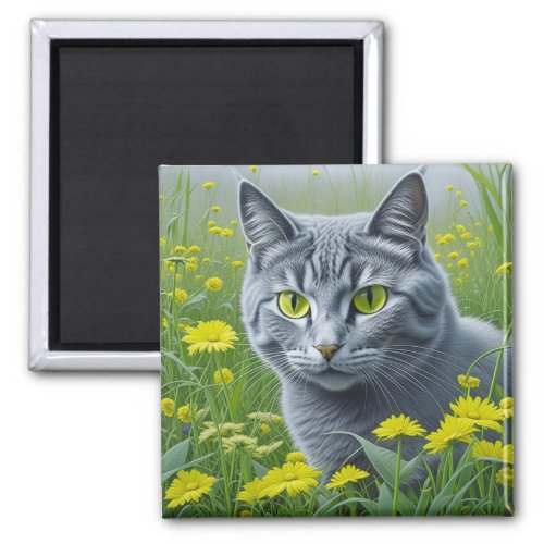 Cute Gray Cat with Yellow Eyes Ai Art Magnet