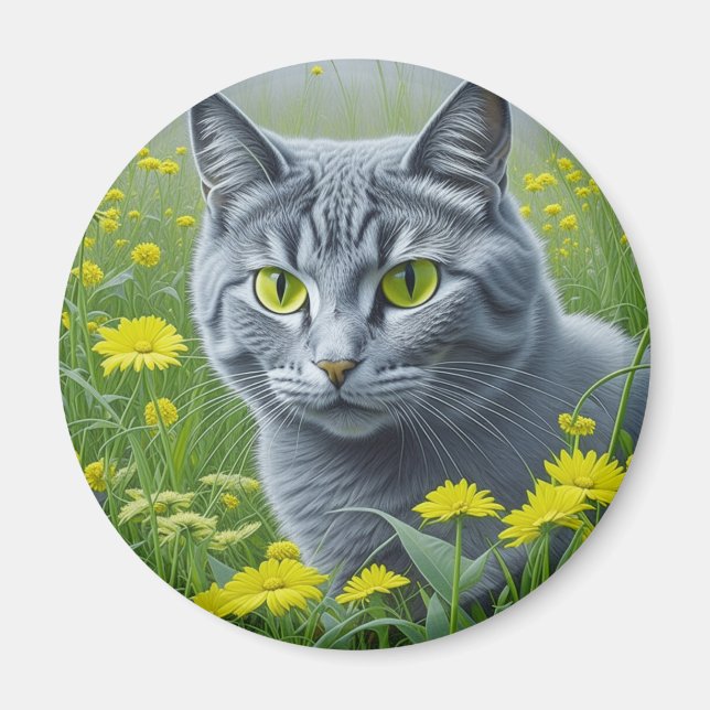 Cute Gray Cat with Yellow Eyes Ai Art Magnet (Front)