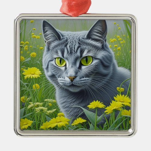 Cute Gray Cat with Yellow Eyes Ai Art Metal Ornament