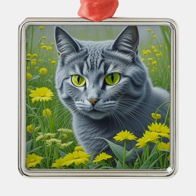 Cute Gray Cat with Yellow Eyes Ai Art Metal Ornament (Front)