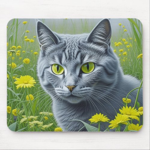 Cute Gray Cat with Yellow Eyes Ai Art Mouse Pad