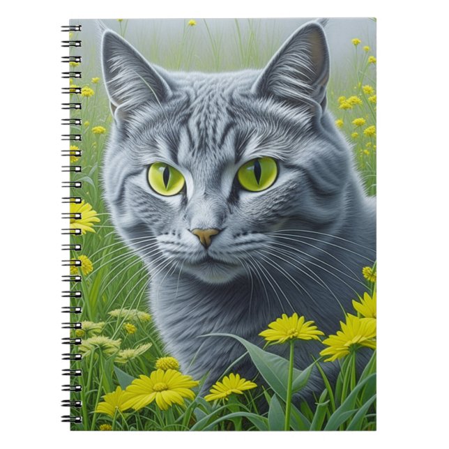 Cute Gray Cat with Yellow Eyes Ai Art Notebook (Front)