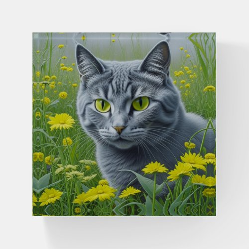 Cute Gray Cat with Yellow Eyes Ai Art Paperweight