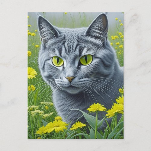 Cute Gray Cat with Yellow Eyes Ai Art Postcard