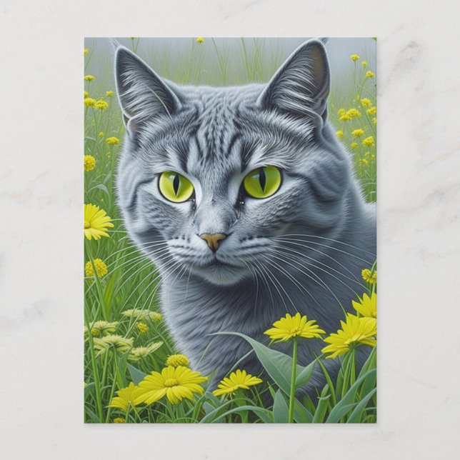 Cute Gray Cat with Yellow Eyes Ai Art Postcard (Front)