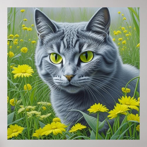 Cute Gray Cat with Yellow Eyes Ai Art Poster