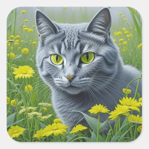 Cute Gray Cat with Yellow Eyes Ai Art Square Sticker