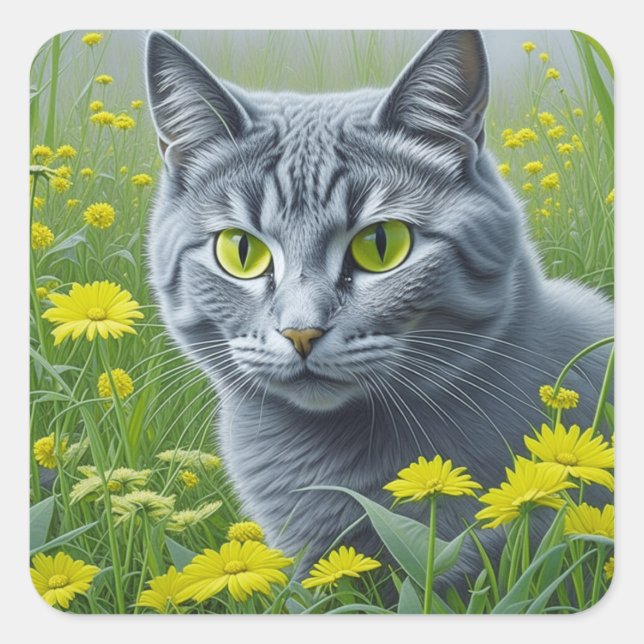 Cute Gray Cat with Yellow Eyes Ai Art Square Sticker (Front)