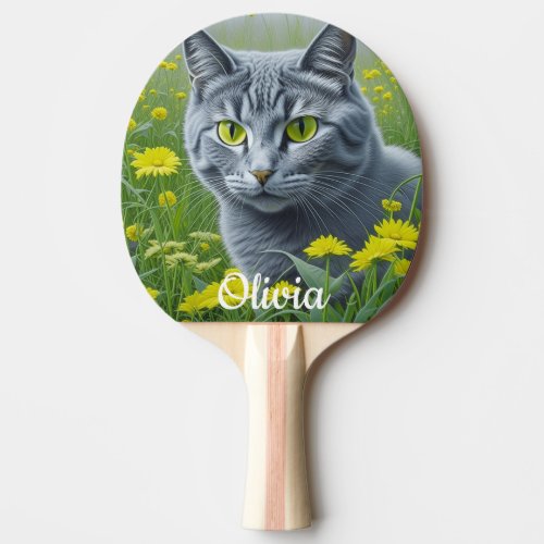 Cute Gray Cat with Yellow Eyes Personalized Ping Pong Paddle