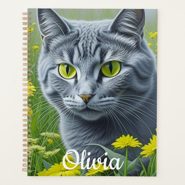 Cute Gray Cat with Yellow Eyes Personalized Planner (Front)